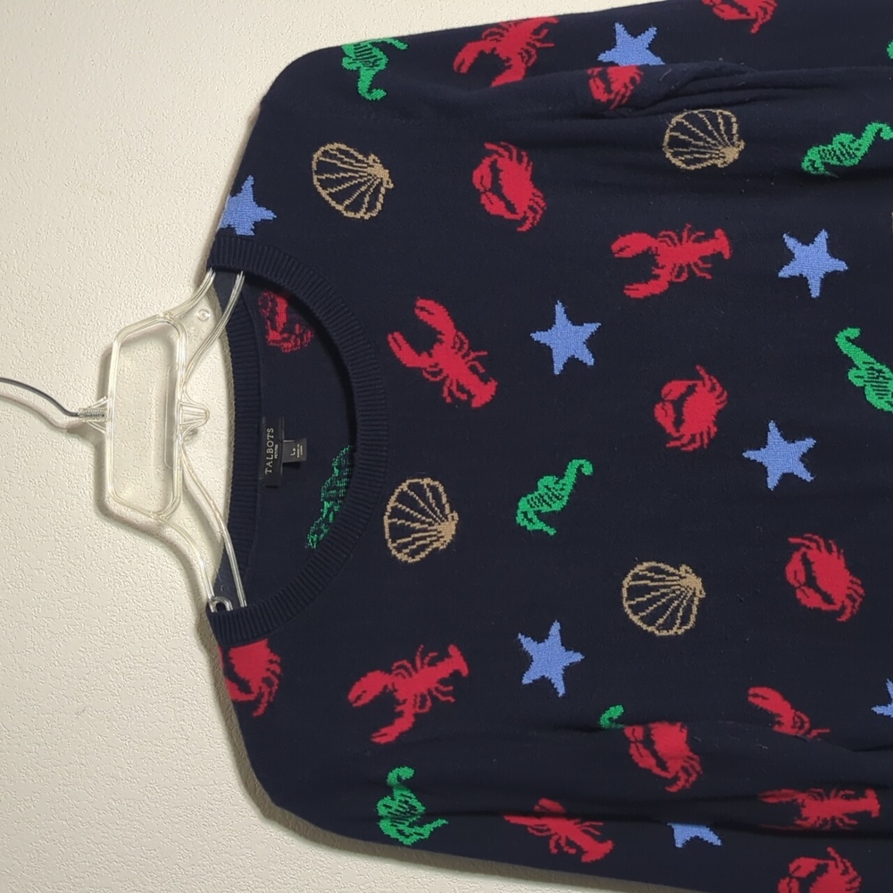 Talbots Womens Sweater By the Sea Nautical Lobster Seahorse Starfish Clam LP - Picture 2 of 8